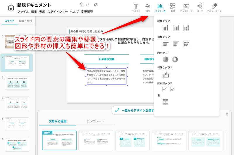 スライド内の要素の編集や移動、図形や素材の挿入も簡単にできる。